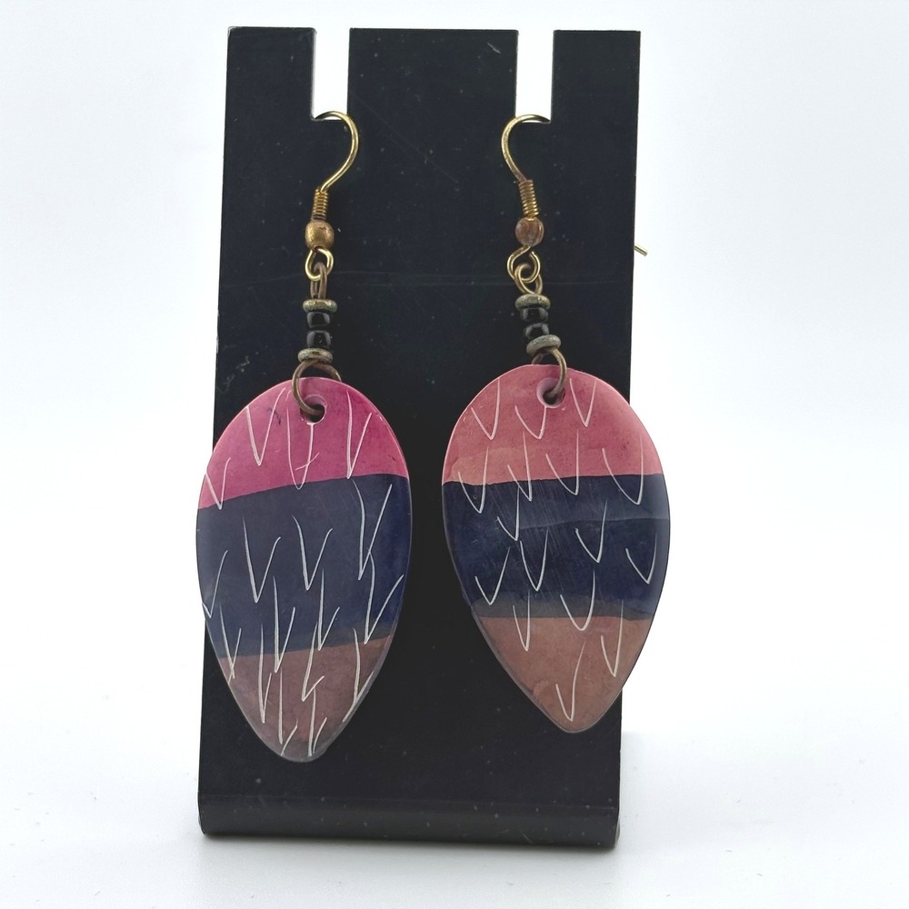 Vintage Artisan Hand Painted Etched Clay Oval Drop Earrings Tribal Boho